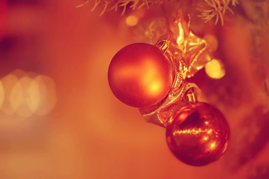 ball, christmas, ornament, christmas tree, orange, golden, bokeh, winter, snow, parish