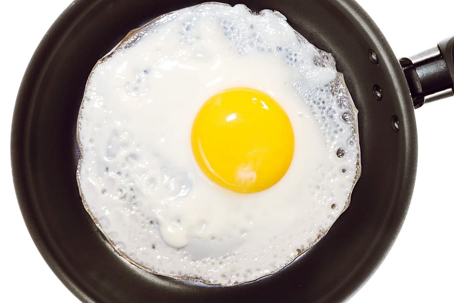 pan, fried, egg, isolated, yellow, breakfast, black, cook, cooked, cooking