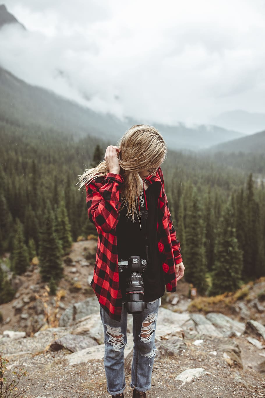 girl, blonde, woman, hair, camera, photographer, hipster, flannel, mountains, mountain