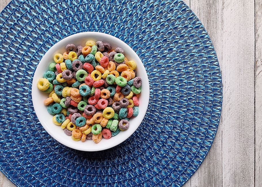 cereales, desayuno, arcoiris, colores, bucles de frutas, Comida, comida y bebida, alimentación saludable, tazón, directamente encima