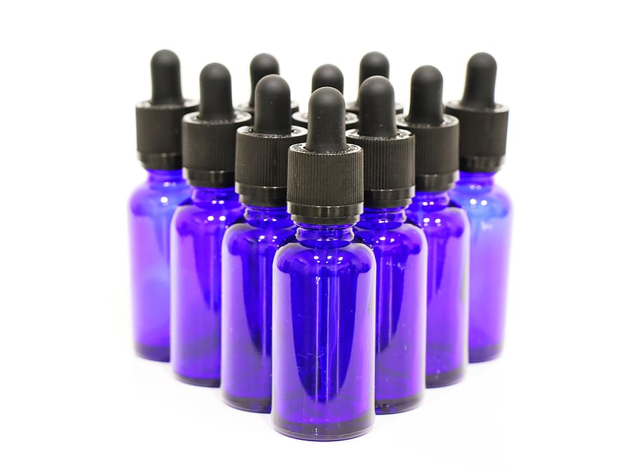 blue, glass, dropper, bottles, white background, indoors, studio shot, multi colored, bottle, purple
