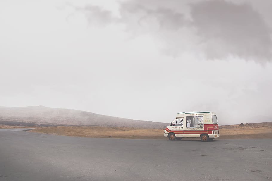 ice, cream, truck, desolate, road, clouds, sky, moor, hill, nature