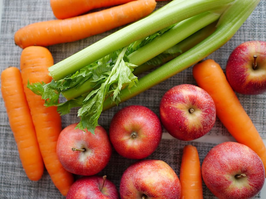 fruit, vegetables, celery, apples, carrot, fructarians, a raw food diet, healthy eating, salad, fresh juice