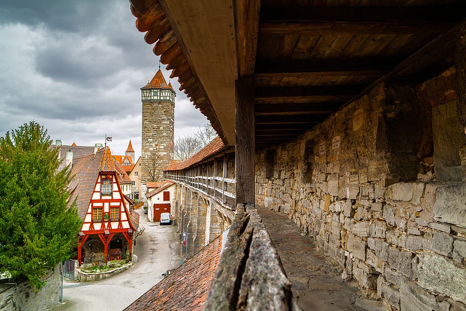 middle ages, historic center, historically, rothenburg, truss, tauber, city wall, tower, architecture, built structure