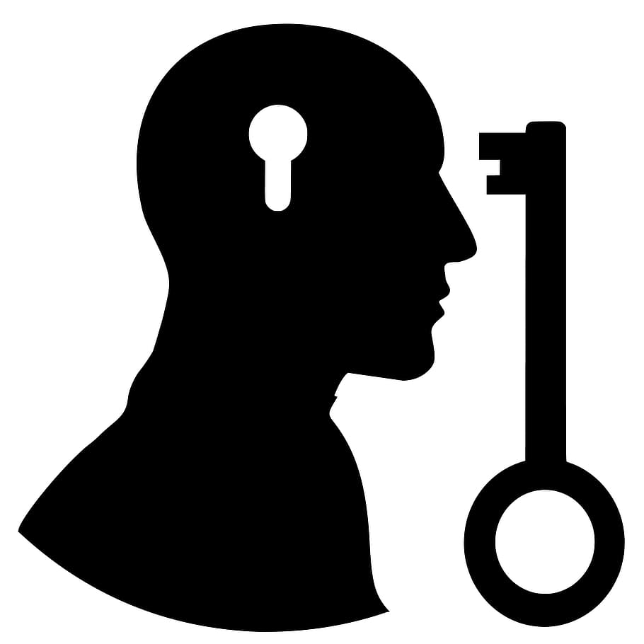 lubang kunci, kepala, kunci, cocok., imajinasi, otak, solusi, ide, pengetahuan, registri