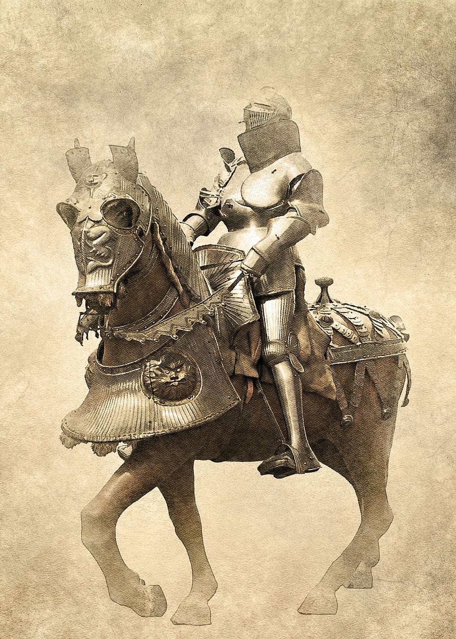 baju besi, ksatria, kuda, bersejarah, museum, abad pertengahan, prajurit, logam, perlindungan, besi