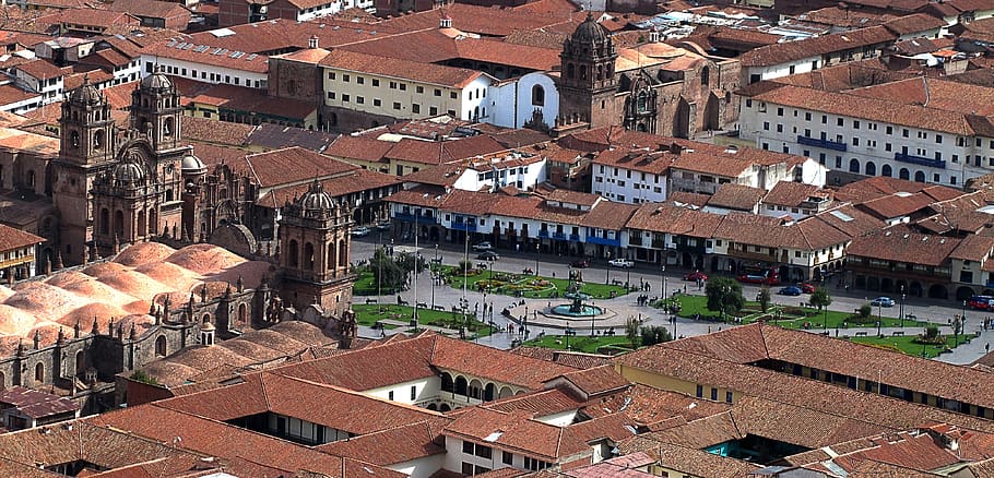 cusco, plaza de armas, peru, gereja, katedral, kota, menara, pemandangan udara, arsitektur, eksterior bangunan