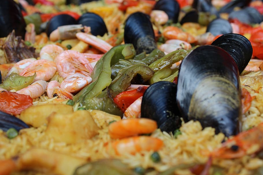 paella, spain, flat, food, rice, delicious, kitchen, meals, vegetables, mussels
