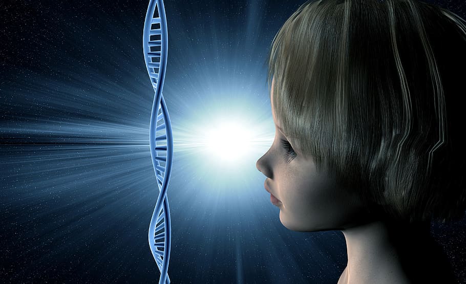 ADN, cadena, futuro, mujer, niña, cara, artificial, hombre, digital, inteligencia