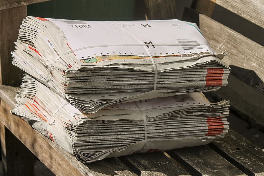 newspapers, stack, bundle, shipping, paper stack, paper, pressure, printed, information, distribute